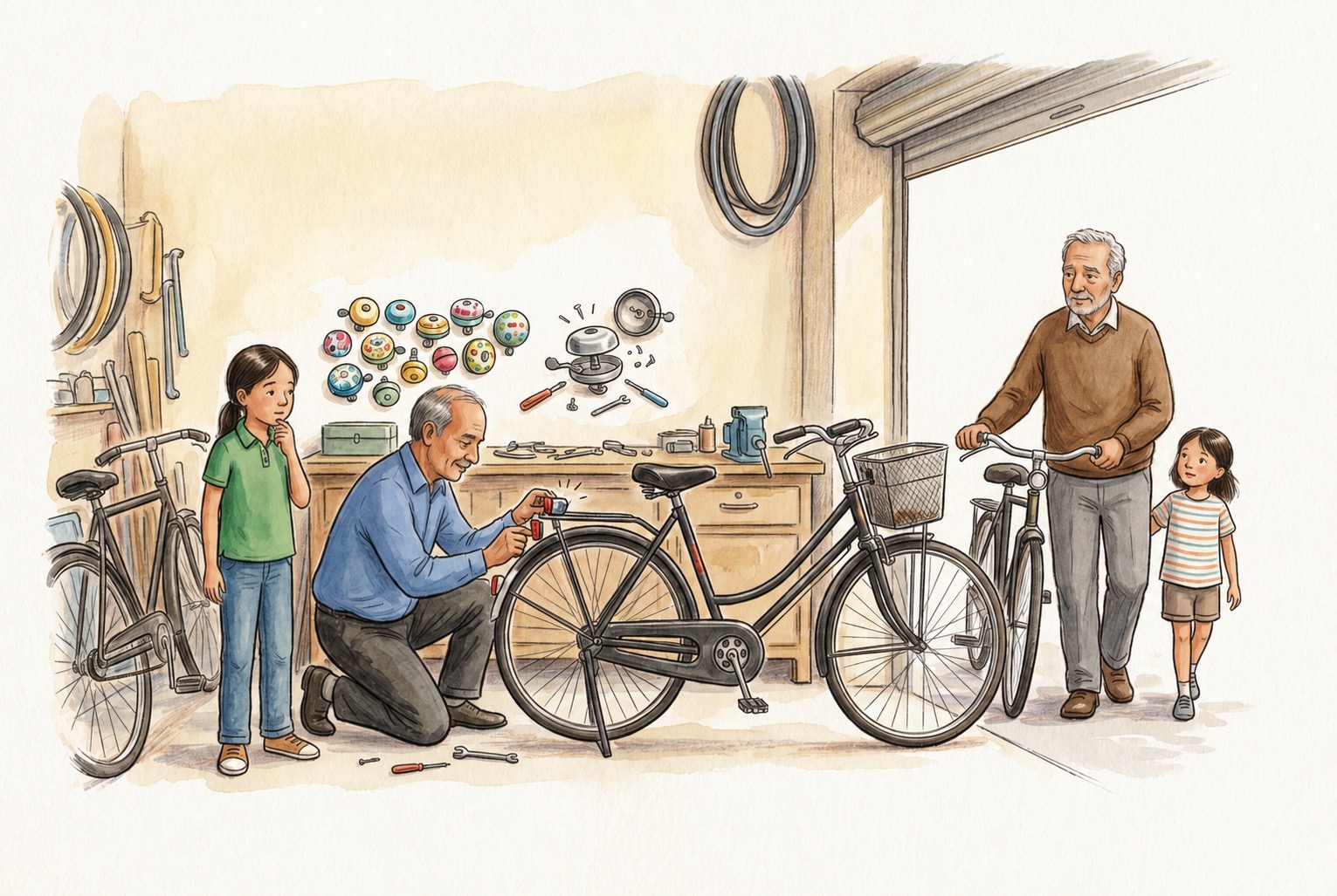 A grandfather and granddaughter walk their repaired bicycle past Mr. Lal and Tara at the narrow bicycle-bell shop