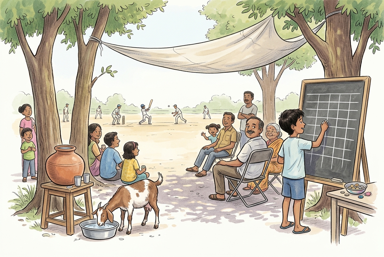 Dev runs a shaded cricket rest stop with a water pot, chairs, score board, payment bowl, and a goat drinking nearby
