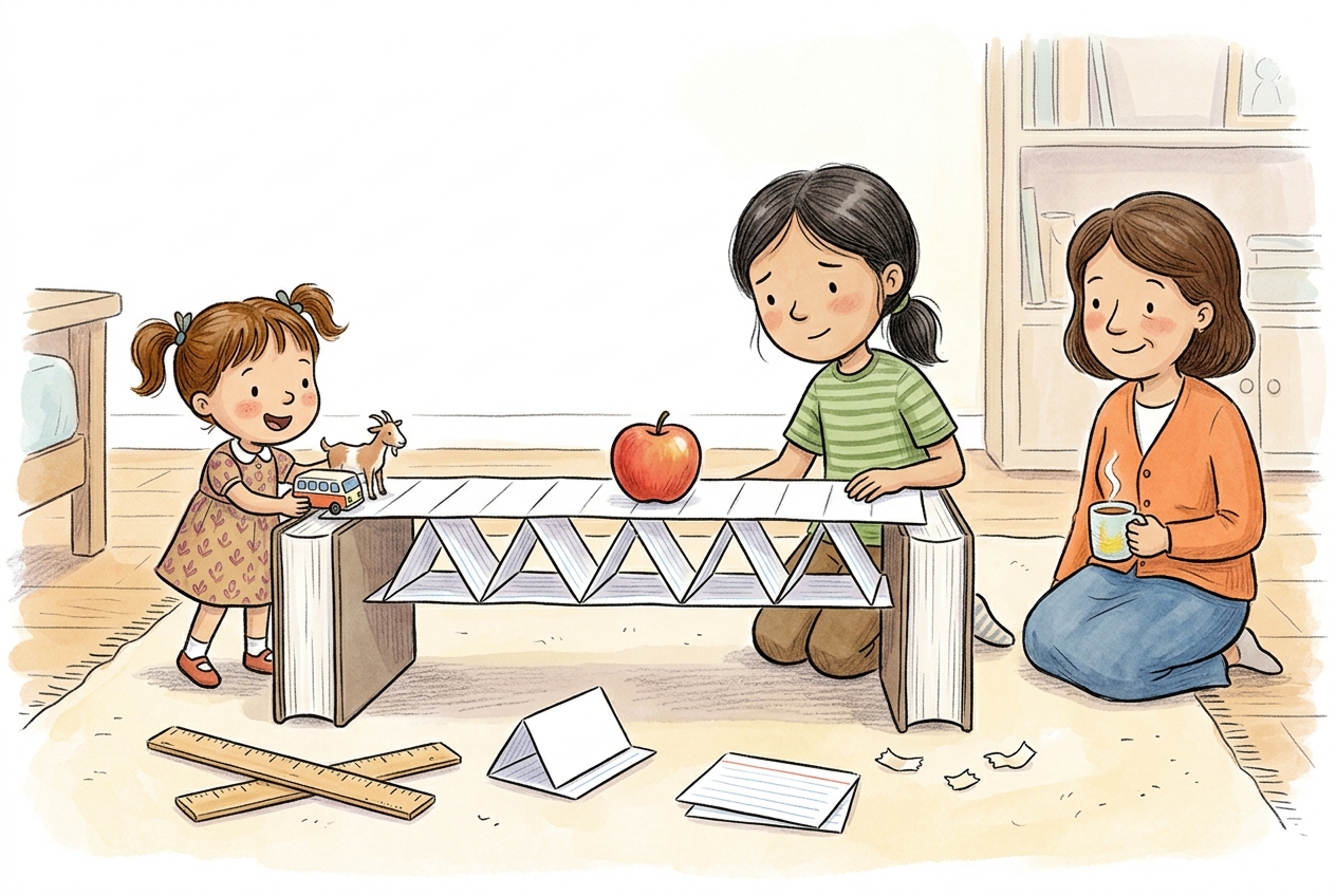 A warm storybook illustration of Arya and Jiya beside an intact index-card bridge holding an apple between two dictionaries while Mama watches with tea