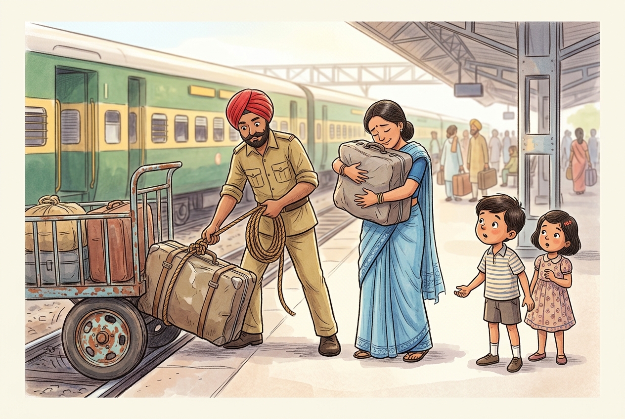 A porter pulls a suitcase free with rope while a woman in a blue sari embraces it and Anil watches on the railway platform