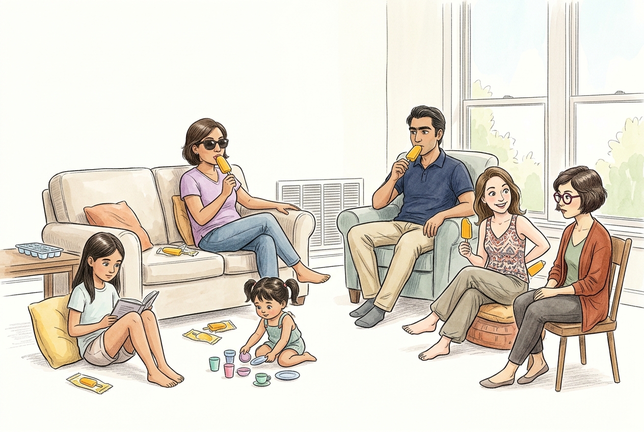 Julie hides a mango popsicle behind her back while Jamie notices and the family relaxes at their living-room cooling center
