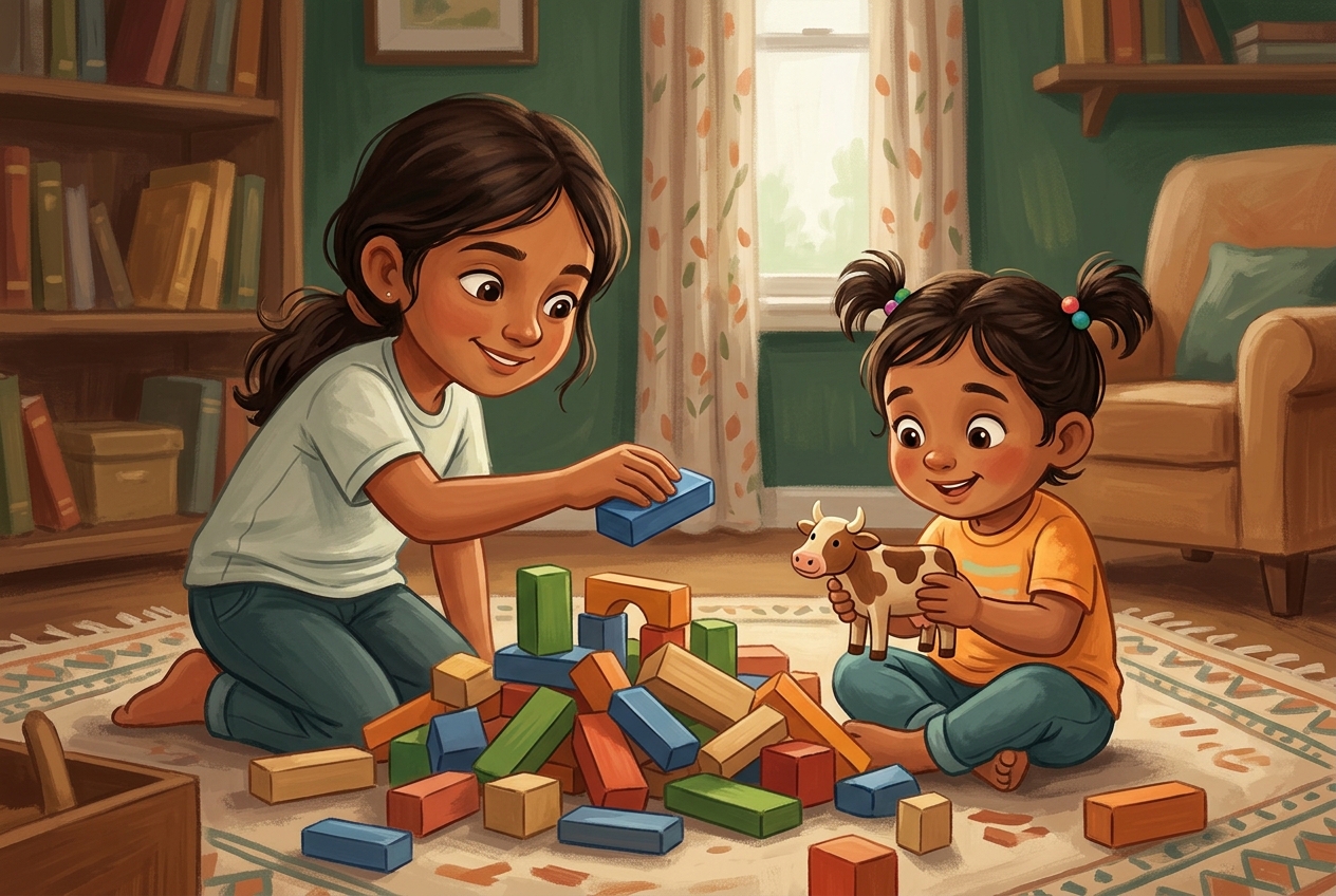 Two fictional sisters begin rebuilding after a wooden block tower falls, with a toy cow rescued from the pile.
