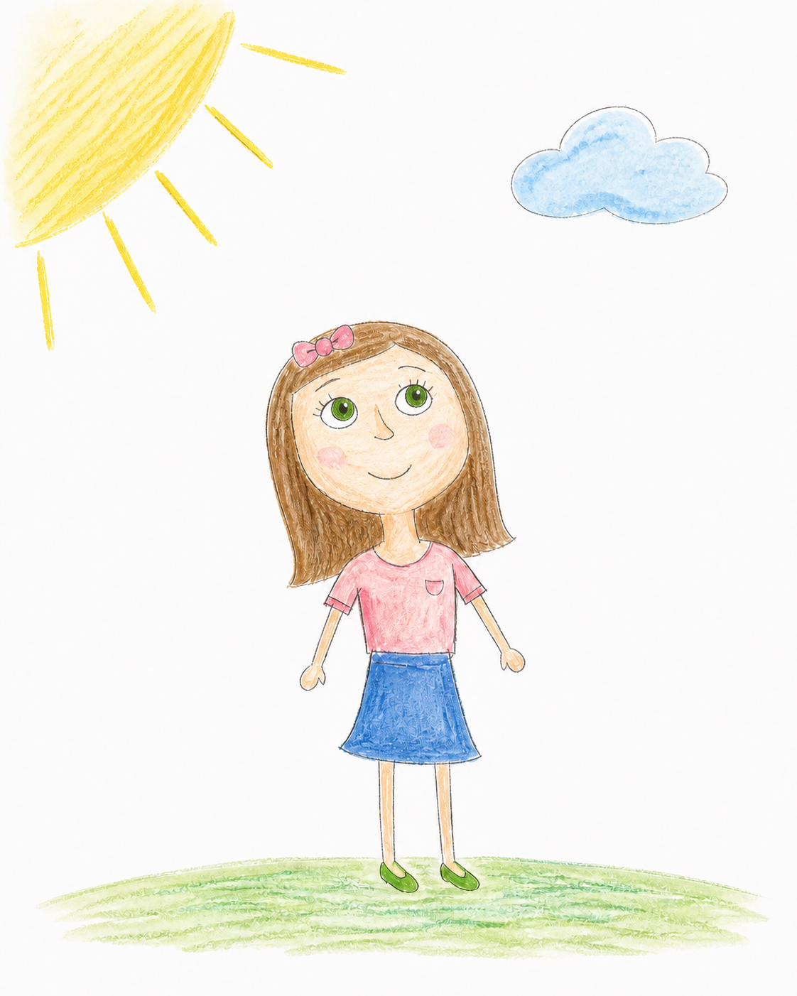 A childlike cartoon of a green-eyed girl standing beneath a yellow sun and blue cloud