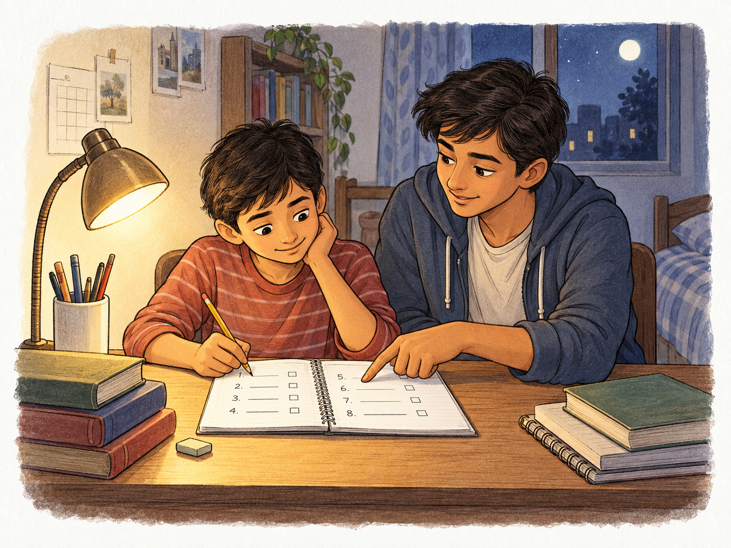 A younger boy works through eight math questions at night while his older brother helps beside him