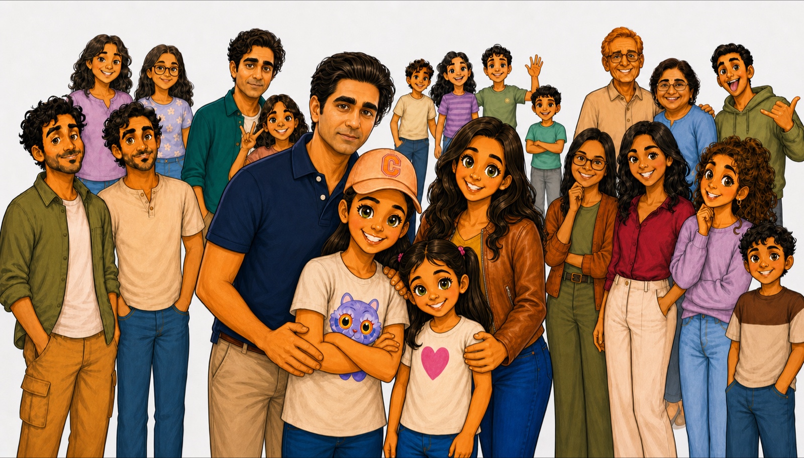 Warm storybook cartoon of Pushkal, Aneeta, Arya, and Jiya surrounded by their complete extended-family cast.