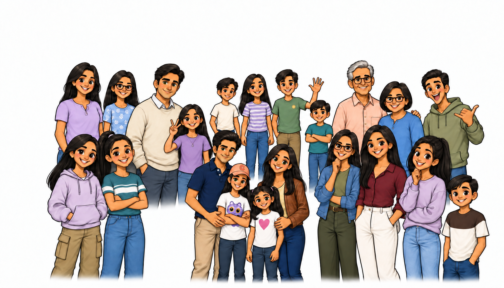 Color storybook cartoon of Pushkal, Aneeta, Arya, and Jiya surrounded by their complete extended-family cast.