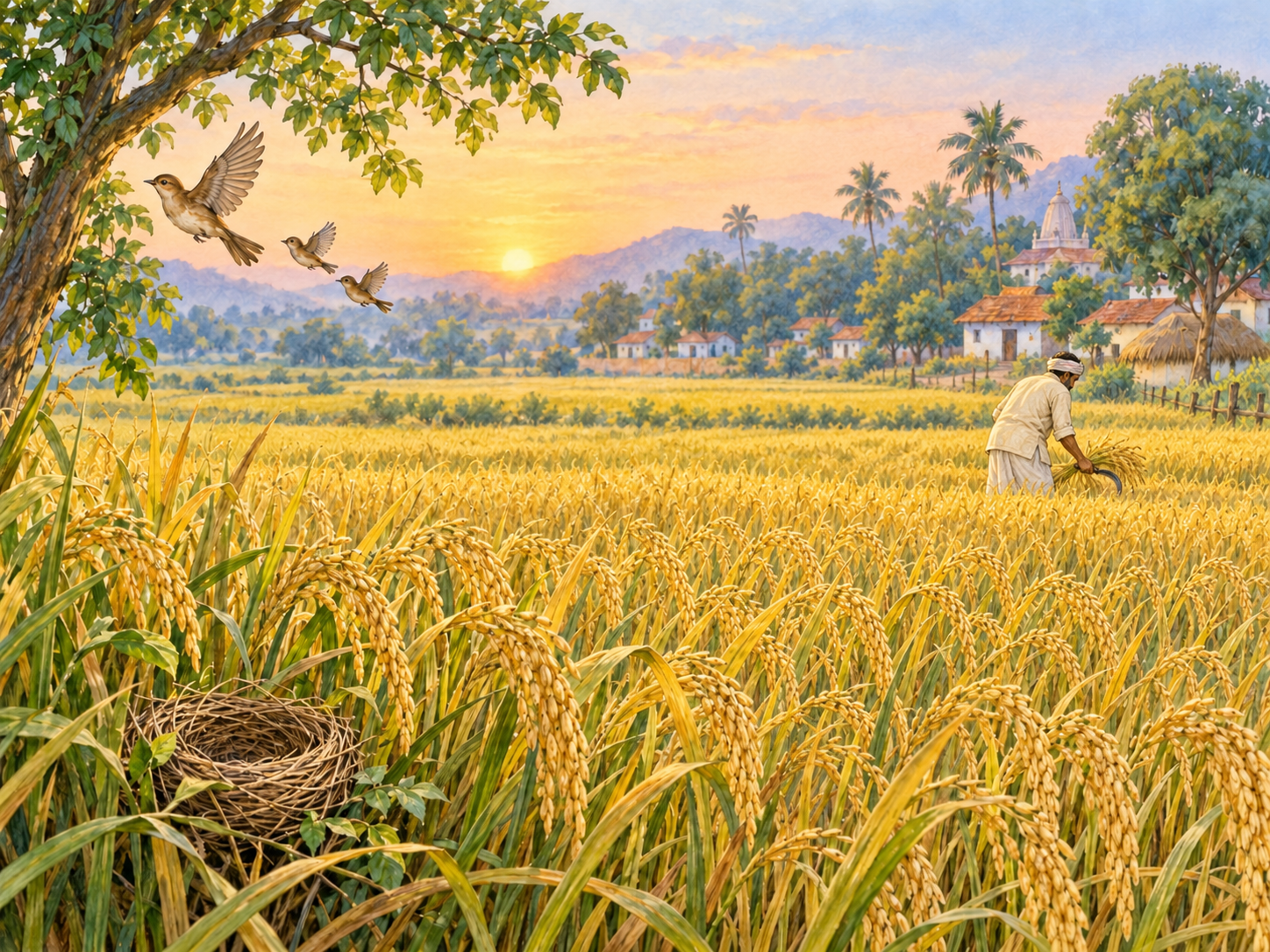 A farmer begins harvesting golden grain at sunrise as three birds leave their nest.