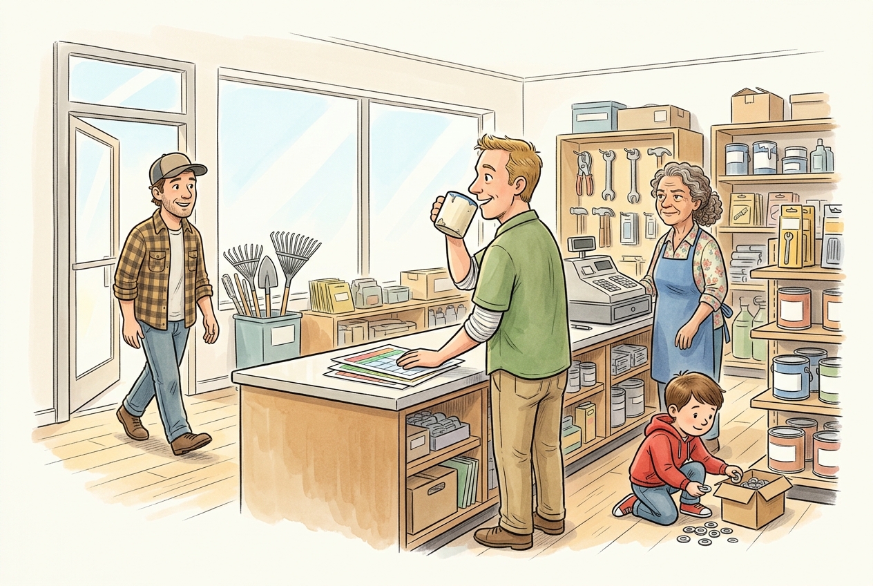 Gerald drinks from the worn mug while greeting a returning customer as Elena watches and a child gathers washers