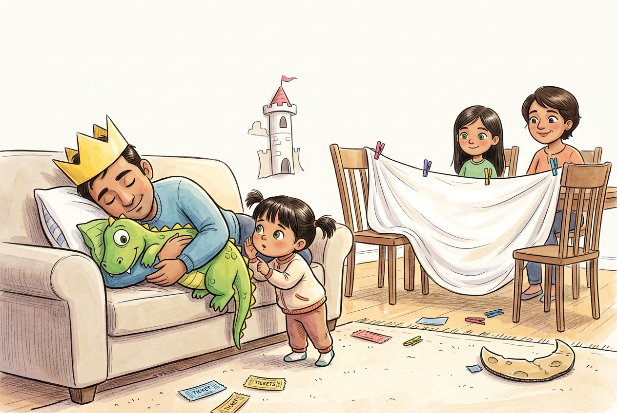Uncle Mayank sleeps on the sofa wearing a paper crown with the green dragon beneath his arm while Jiya stands beside him