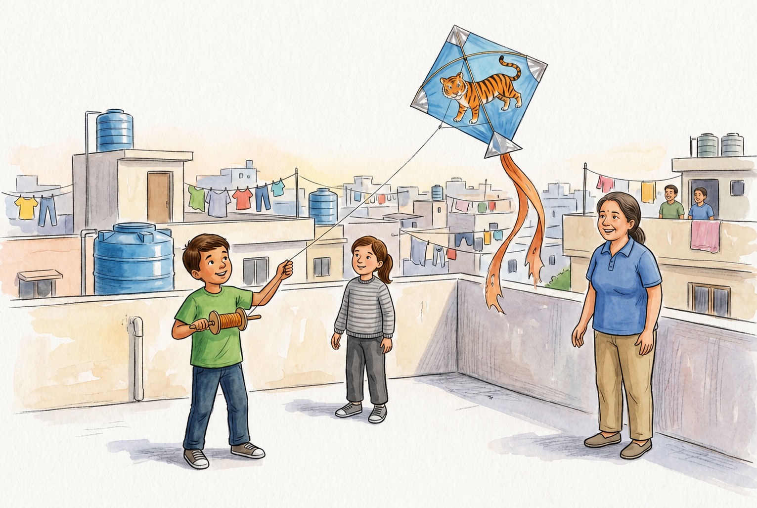 Rohan flies his blue tiger kite with an uneven orange tail above the rooftops while his cousin and Mrs. Mehta watch