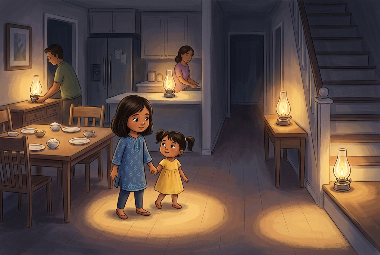 Two fictional sisters hold hands between pools of lamplight during a family power outage while their parents tend four enclosed lanterns.