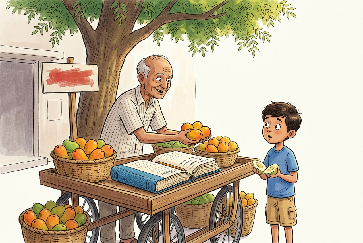 Mango seller Mr. Batra offers four mangoes to a surprised Kabir beside the open blue ledger at his cart beneath a neem tree