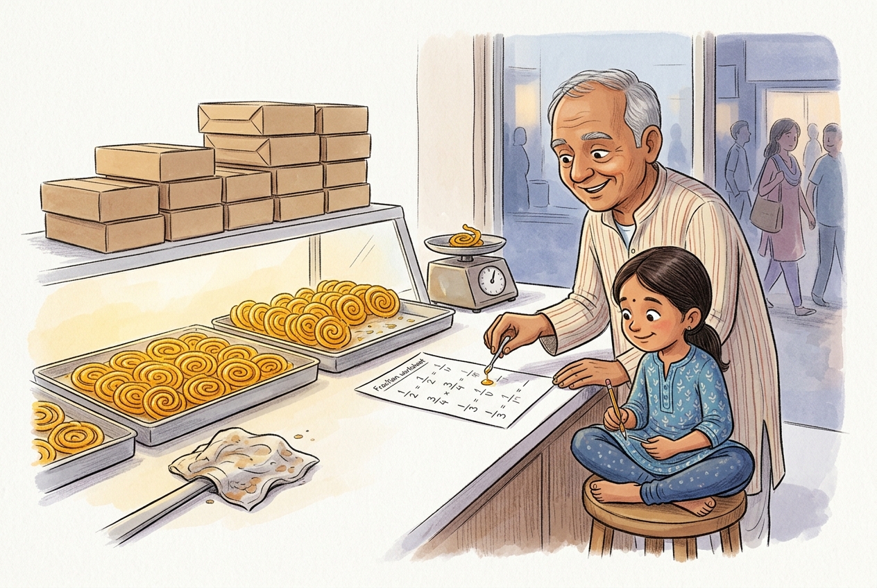 Grandfather places syrup drops beside Naina’s fraction work at the sweet-shop counter among trays of golden jalebi