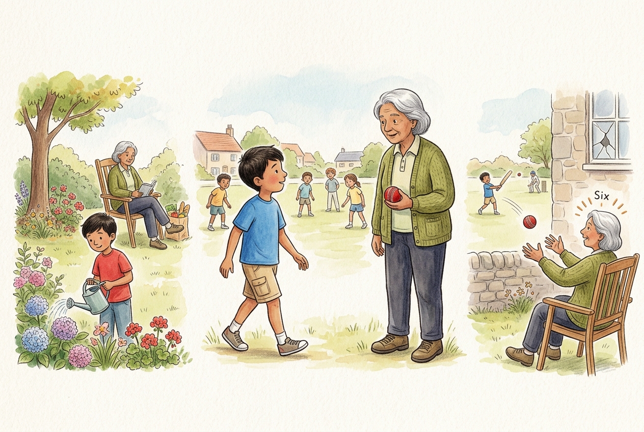 Mrs. D’Souza catches the red cricket ball from her garden chair as Sameer and the other children watch beyond the gate