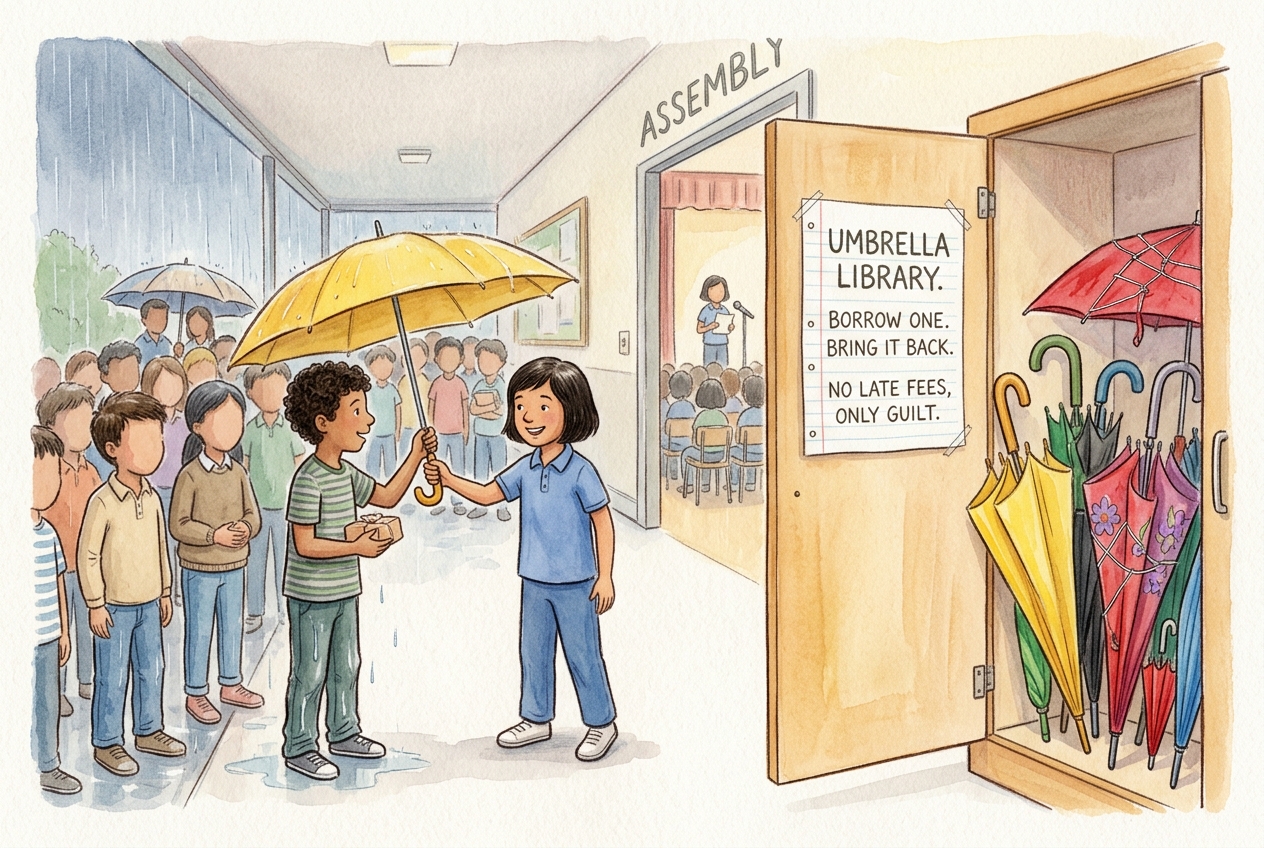 Meera holds her yellow umbrella beside a school cupboard filled with returned and repaired umbrellas as classmates borrow them