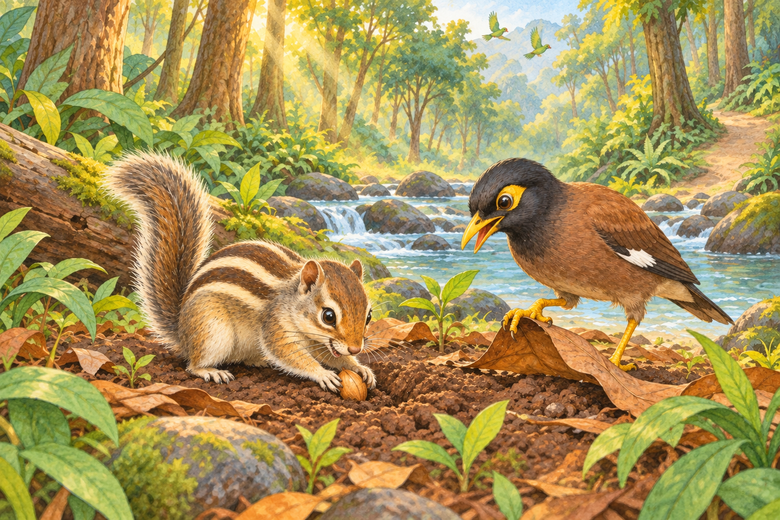 Pip the striped squirrel presses a seed into soft jungle earth while Milo the myna pulls aside a dry leaf beside the stream