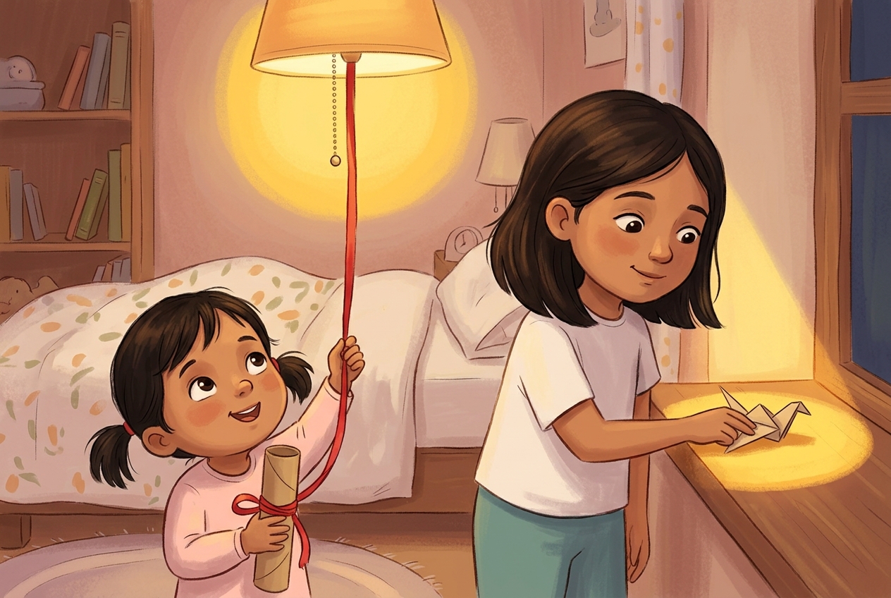 A younger sister pulls a red ribbon attached to a lamp while her older sister places a paper bird in its golden light.