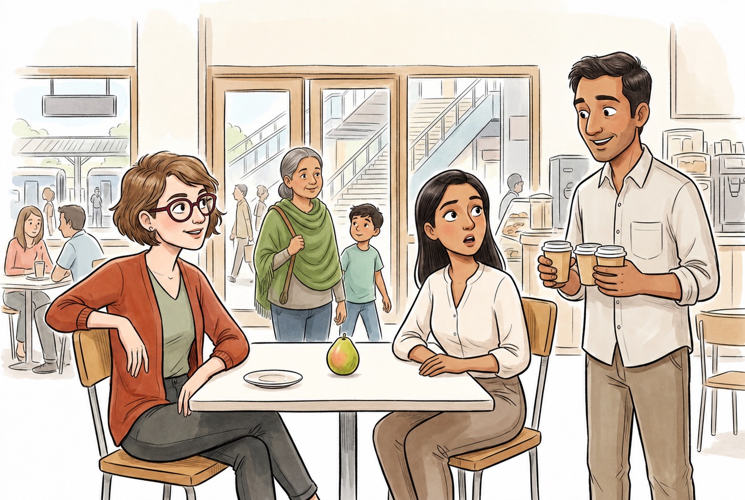 At a railway-station café, Jamie shifts her chair toward Sonali as a guava rests on the saucer and Jay carries tea