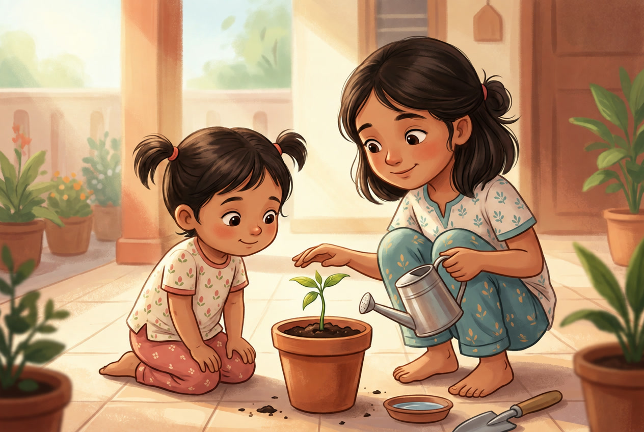 Two fictional sisters discover a new green mango shoot in a terracotta pot while holding a watering can.