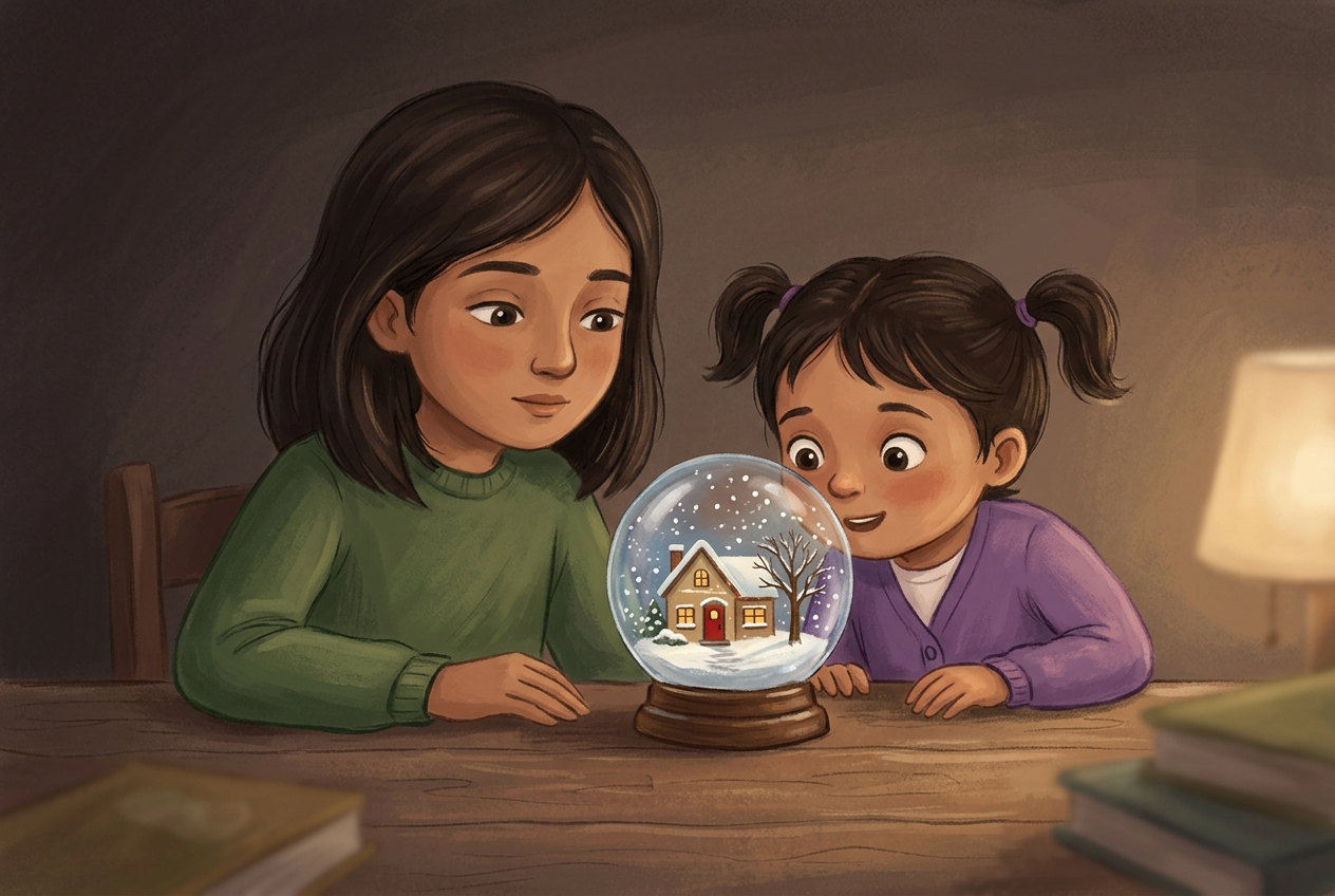 Two fictional sisters watch snow settle inside a globe and reveal a tiny house with a red door.