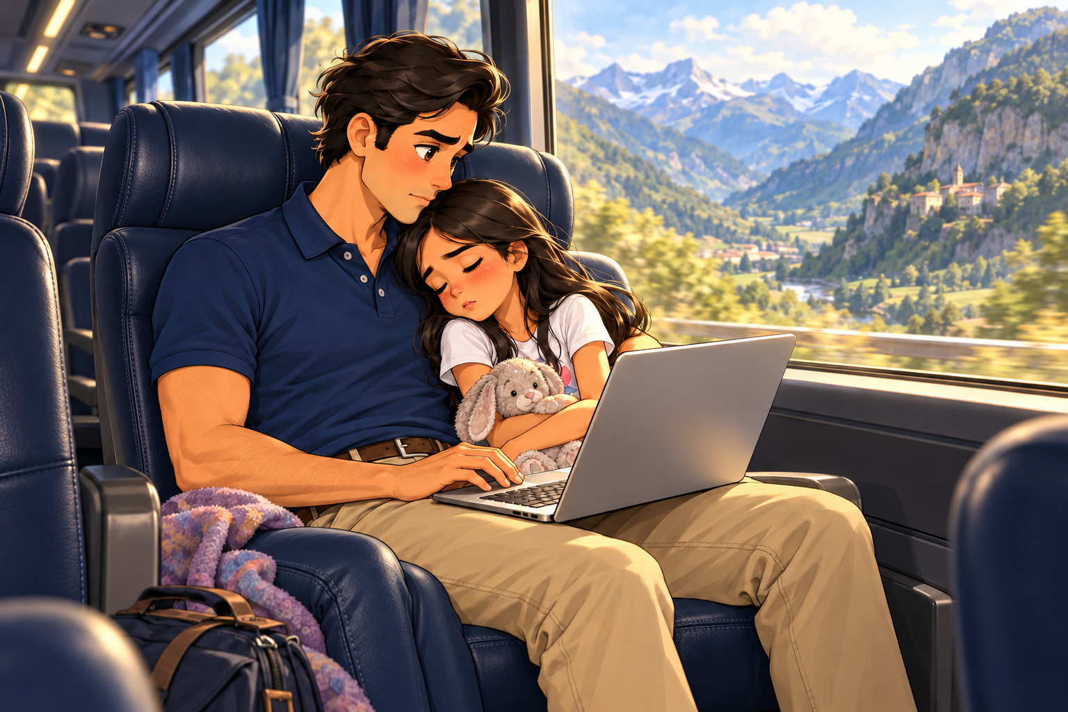 Arya sleeps against her father as he works one-handed on a laptop aboard a bus, with mountain valleys beyond the window.