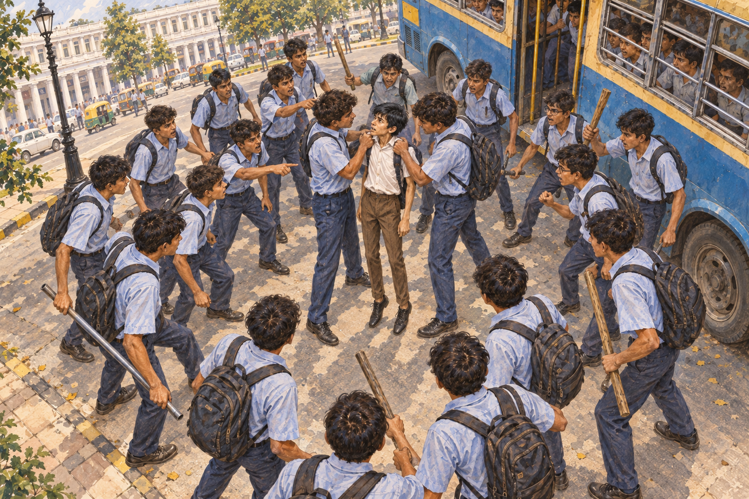 An angled overhead view of a crowd closing around a thin schoolboy held by his collar, his toes barely touching the street beside a city bus