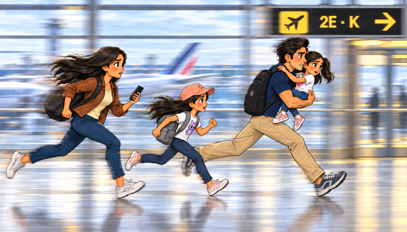 Side view of Pushkal carrying Jiya while running through the airport, Arya beside him in a gray backpack and Aneeta following with her backpack and phone.