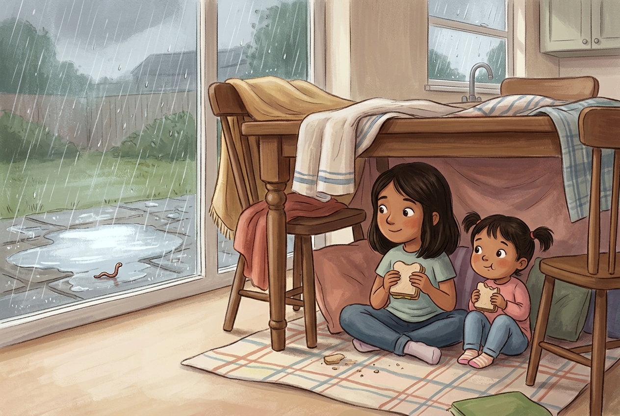 Two fictional sisters eat an indoor picnic beneath a table while rain fills a puddle outside and a worm crosses the path.